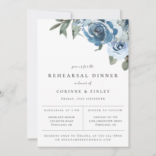 ダスティーブルーの花のハウスウェディングディナー 案内状 (正面)