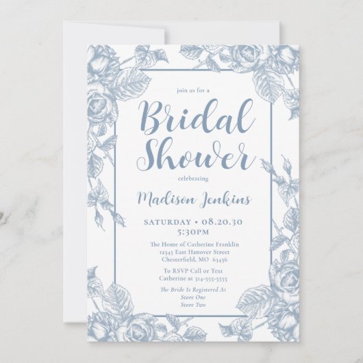 ダスティーブルーの花のブライダルシャワー 招待状 (正面)