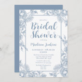 ダスティーブルーの花のブライダルシャワー 招待状 (正面/裏面)