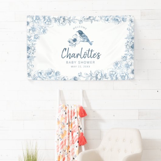 ダスティーブルーの花のベイビーシャワーのお出迎えバナー 横断幕 (インサイチュ)