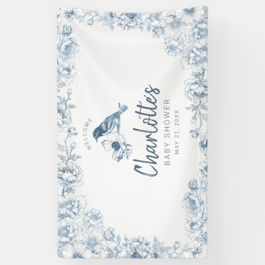 ダスティーブルーの花のベイビーシャワーのお出迎えバナー 横断幕 (縦)