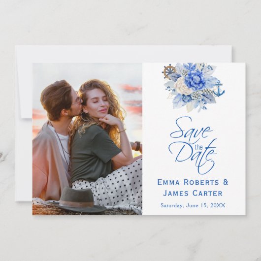 ダスティーブルーの花の写真を使ったSave the Date セーブザデート (正面)