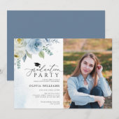 ダスティーブルーの花の写真 卒業パーティー 招待状 (正面/裏面)