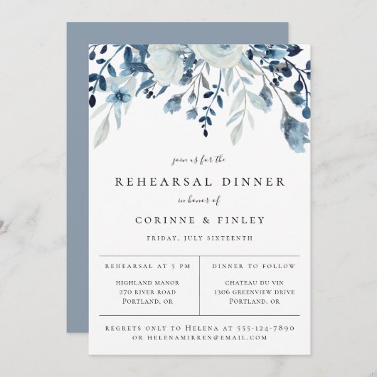 ダスティーブルーの花の前撮りディナー招待状 案内状 (正面/裏面)