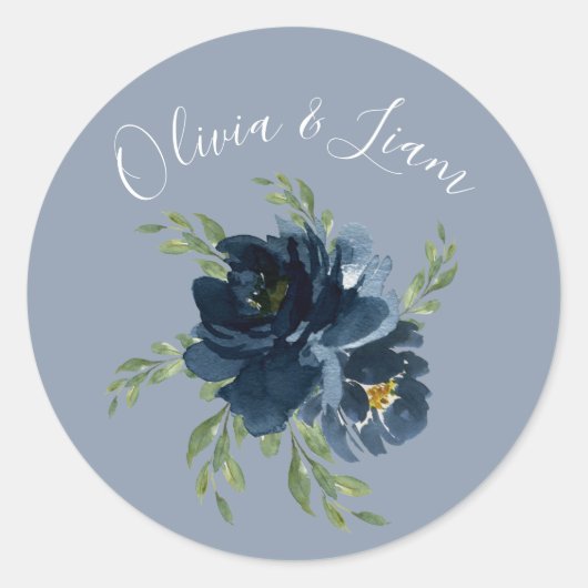 ダスティーブルーの花の水彩モダンスクリプト ラウンドシール (正面)