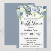 ダスティーブルーの花の水彩画 ブライダルシャワー 招待状 (正面/裏面)