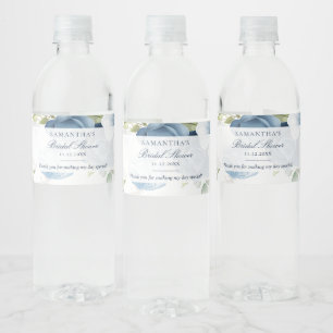 ダスティーブルーの花の水彩筆記体ウェディングシャワー ペットボトルラベル