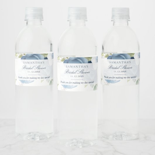 ダスティーブルーの花の水彩筆記体ウェディングシャワー ペットボトルラベル (ボトル)