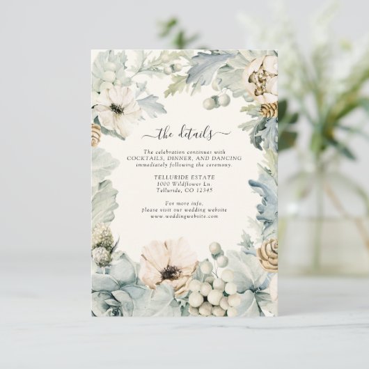 ダスティーブルーの花の結婚式の詳細 エンクロージャーカード (スタンド正面)