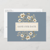 ダスティーブルーの花の結婚式のSave the Dateポストカード 案内ポストカード (正面/裏面)