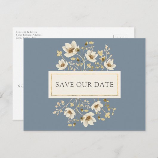 ダスティーブルーの花の結婚式のSave the Dateポストカード 案内ポストカード (正面/裏面)