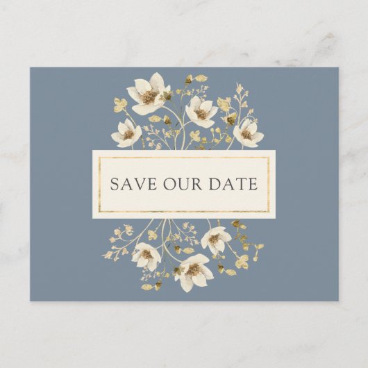 ダスティーブルーの花の結婚式のSave the Dateポストカード 案内ポストカード (正面)
