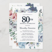 ダスティーブルーの花の80歳の誕生日 招待状 (正面/裏面)