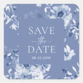 ダスティーブルーの花の「Save the Date」ステッカー スクエアシール (正面)