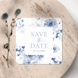 ダスティーブルーの花の「Save the Date」ステッカー スクエアシール