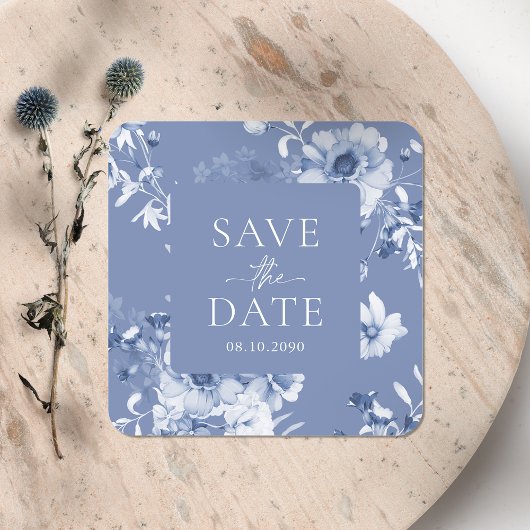 ダスティーブルーの花の「Save the Date」ステッカー スクエアシール