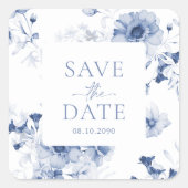 ダスティーブルーの花の「Save the Date」ステッカー スクエアシール (正面)