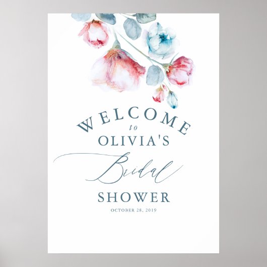 ダスティーブルーの花を飾ったエレガントなブライダルシャワーのウェルカム ポスター (正面)