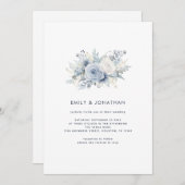 ダスティーブルーの花モチーフ ネイビーテキスト QRコード ウェディング 招待状 (正面/裏面)