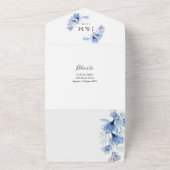 ダスティーブルーの花モノグラムQRコード結婚式 オールインワン招待状 (外側)