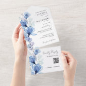 ダスティーブルーの花モノグラムQRコード結婚式 オールインワン招待状 (貼ってはがせる)