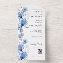 ダスティーブルーの花モノグラムQRコード結婚式 オールインワン招待状