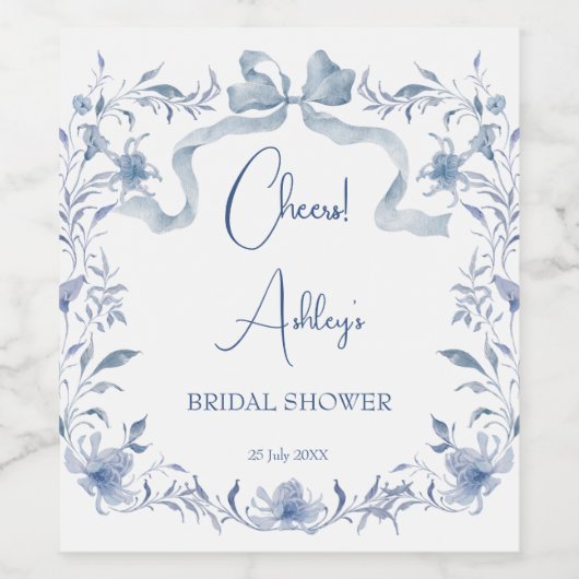 ダスティーブルーの花リボン ブライダルシャワーのお土産 ワインラベル (シングルラベル)