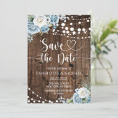 ダスティーブルーの花柄で「Save the Date」ウェディング 招待状 (スタンド正面)