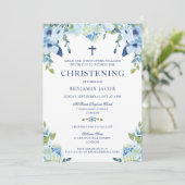 ダスティーブルーの花柄と写真の洗礼式 招待状 (スタンド正面)
