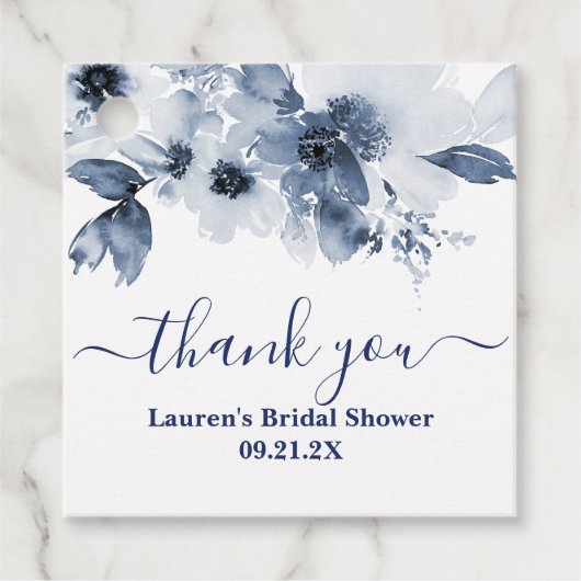 ダスティーブルーの花柄のウェディングシャワーのお礼タグ フェイバータグ (正面)