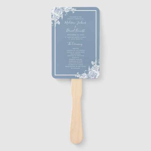 ダスティーブルーの花柄のウェディングプログラム ハンドファン (正面)