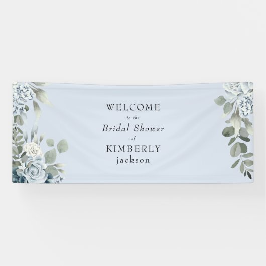 ダスティーブルーの花柄のウェルカムサイン ブライダルシャワー 横断幕 (横)