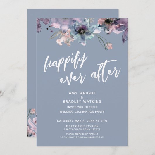 ダスティーブルーの花柄のハッピーエバーアフター 招待状 (正面/裏面)