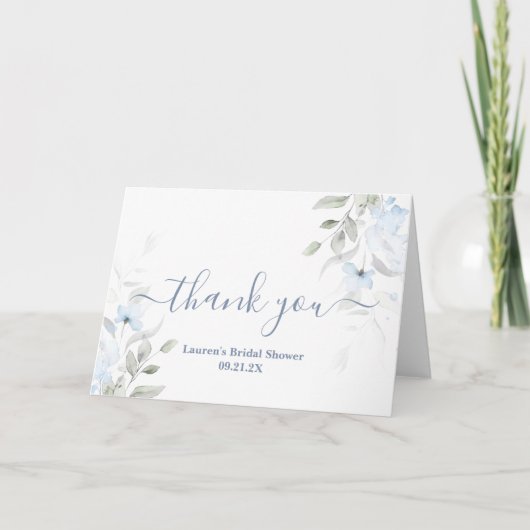 ダスティーブルーの花柄のブライズシャワー サンキューカード (正面)
