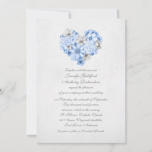 ダスティーブルーの花柄のレトロなラブハートウェディング 招待状 (正面)