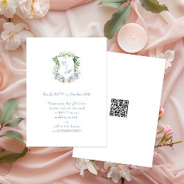 ダスティーブルーの花柄の紋章 ウェディングQRコード RSVP エンクロージャーカード