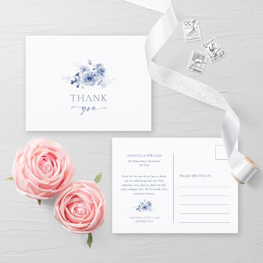 ダスティーブルーの花柄の結婚式のお礼はがき 案内ポストカード