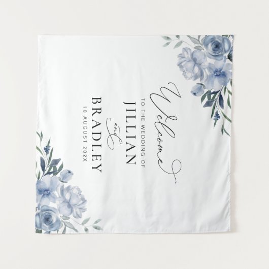 ダスティーブルーの花柄の結婚式ウェルカムサイン タペストリー (正面(横))