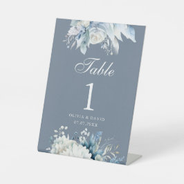 ダスティーブルーの花柄の結婚式テーブルナンバー 台座サイン
