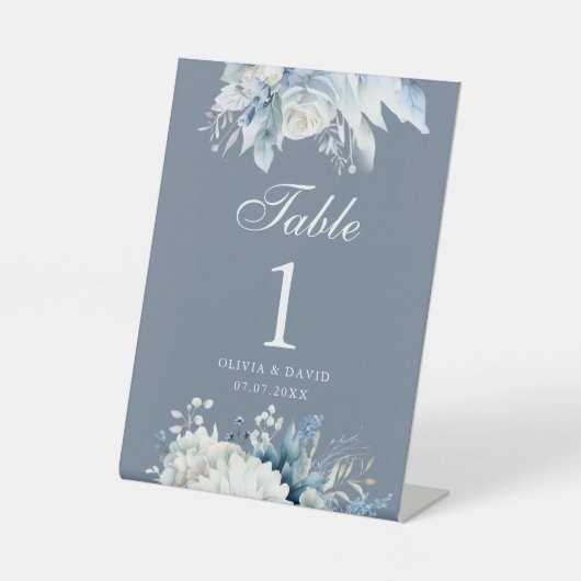ダスティーブルーの花柄の結婚式テーブルナンバー 台座サイン (正面)
