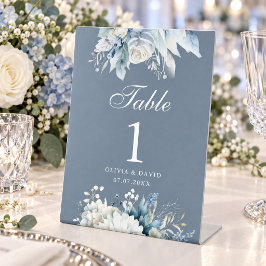 ダスティーブルーの花柄の結婚式テーブルナンバー 台座サイン