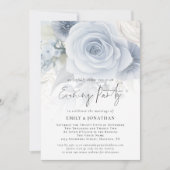 ダスティーブルーの花柄オーバーレイQRコード付き結婚式イブニングパーティー 招待状 (正面)