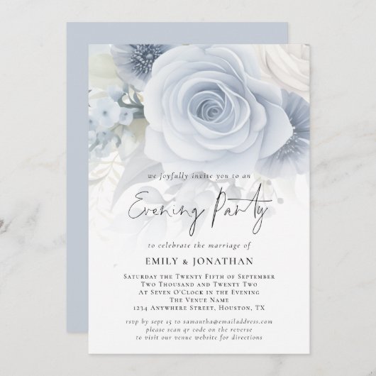 ダスティーブルーの花柄オーバーレイQRコード付き結婚式イブニングパーティー 招待状 (正面/裏面)
