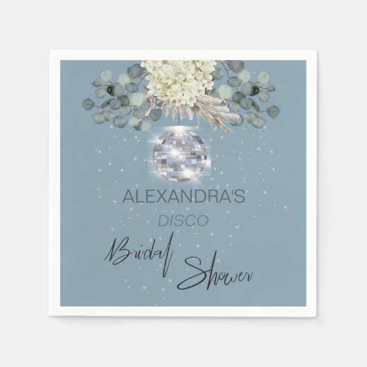 ダスティーブルーの花柄ディスコボール ブライダルシャワー スタンダードカクテルナプキン (正面)