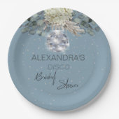 ダスティーブルーの花柄ディスコボール ブライダルシャワー ペーパープレート (正面)