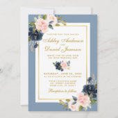 ダスティーブルーの花柄ピンクのチークゴールドフレームの結婚式 招待状 (正面)