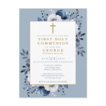 ダスティーブルーの花柄ファーストホーリーコミュニオン招待状