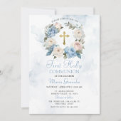 ダスティーブルーの花柄ファーストホーリーコミュニオン 招待状 (正面)
