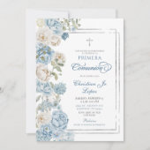 ダスティーブルーの花柄ファーストホーリーコミュニオンI 招待状 (正面)
