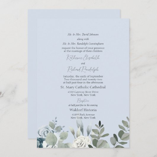 ダスティーブルーの花柄フォーマル　両親の結婚式 招待状 (正面/裏面)